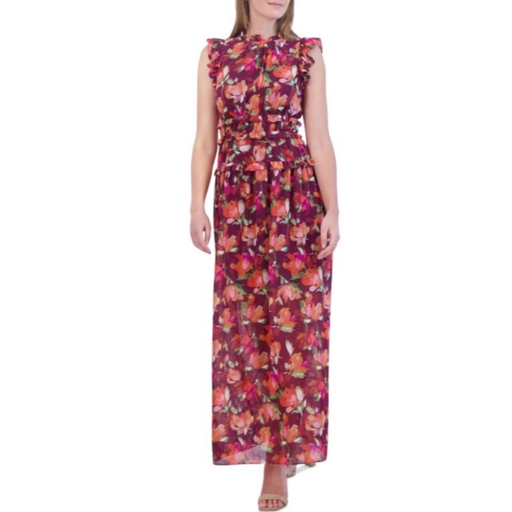 Vince Camuto Multicolor Ruffled Chiffon Floral Maxi Dress